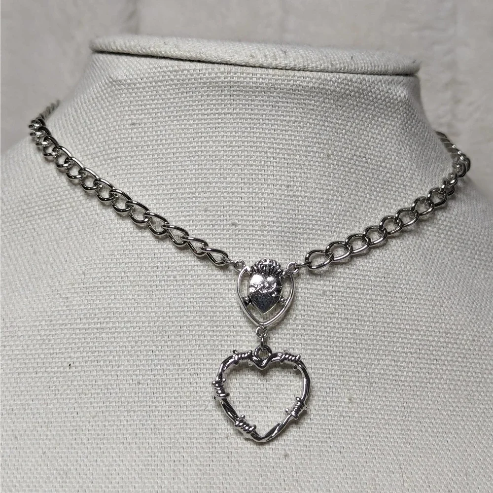 Rosary Style Barbed Wire Heart And Heart Charm Choker Necklace